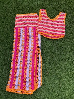VICI Crochet Set Small Pink Orange Boho Skirt + Top 🌺✨